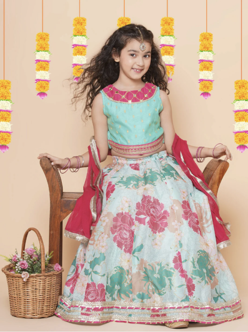 Turquoise - Floral Printed Lehenga & Blouse With Dupatta - Image 4